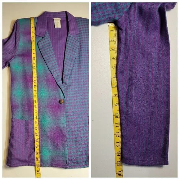 SMW 80's Purple Teal Fran Fine Artsy Blazer Gingham Plaid Stripes - Picture 8 of 9